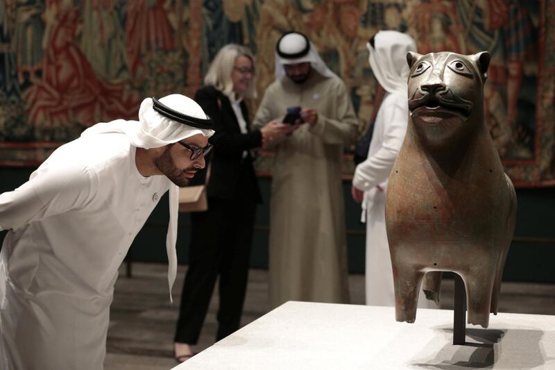 Mohamed Khalifa Al Mubarak, Chairman of Abu Dhabi Tourism and Culture Authority looks at the Monumental Lion sculpture at the Louvre Abu Dhabi Museum in Abu Dhabi, United Arab Emirates February 10, 2018. REUTERS/Christopher Pike