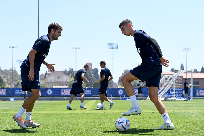 Christian Pulisic and Kai Havertz of Chelsea during training in Los Angeles. 