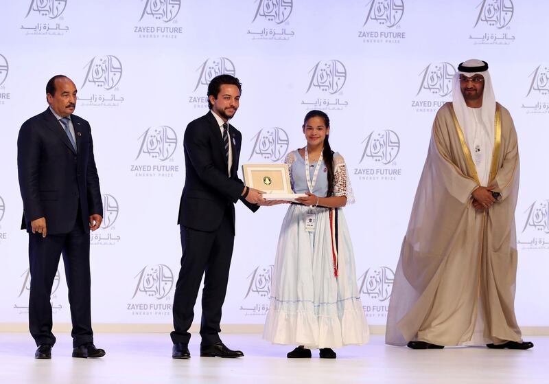 Abu Dhabi, United Arab Emirates - January 15th, 2018: Winner Centro Educativo Mbaracayu (The Americas) at the Sheikh Zayed Future Energy Prize awards ceremony as part of Abu Dhabi Sustainability Week. Monday, January 15th, 2018 at Abu Dhabi National Exhibition Centre (ADNEC), Abu Dhabi. Chris Whiteoak / The National