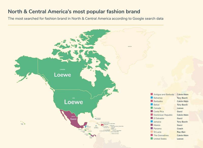 A map showing the most searched-for fashion brands in North America. Courtesy Money.co.uk