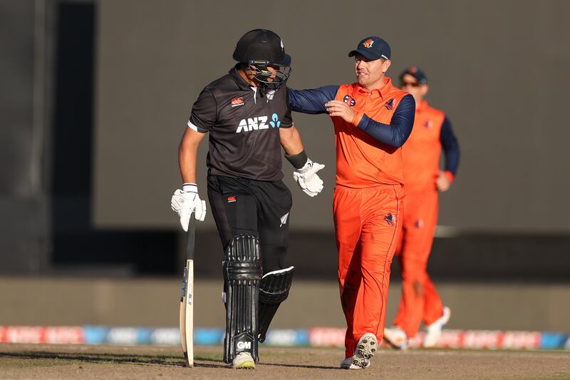 Stephen Myburgh of the Netherlands congratulates Ross Taylor as he leaves the field. Getty