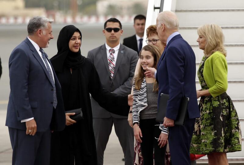 Mr and Mrs Biden are welcomed by Reem Al Hashimi, Minister of State for International Co-operation and Managing Director for the Dubai World Expo 2020 Bid Committee. Ali Haider / EPA