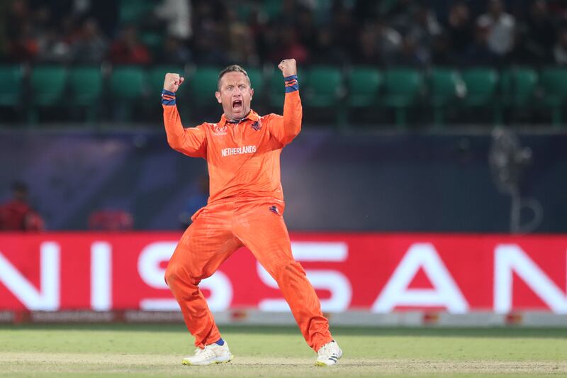 The Netherlands' Roelof van der Merwe celebrates after taking the wicket of South African captain Temba Bavuma. Getty