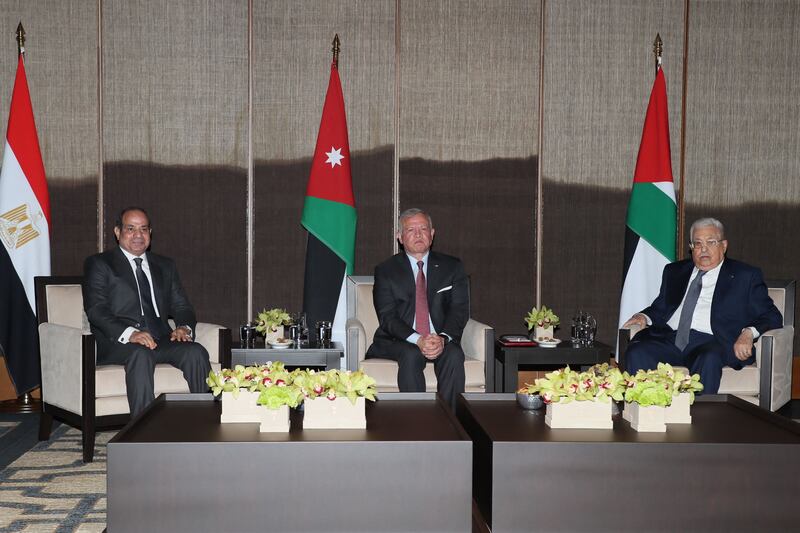 Egyptian President Abdel Fattah al-Sisi, Jordan's King Abdullah II and Palestinian president Mahmud Abbas meeting in Aqaba. AFP