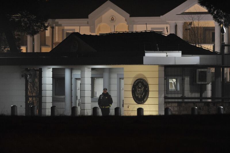 Police guard the entrance to the US embassy compound in Montenegro's capital Podgorica. Savo Prelevic / AFP Photo