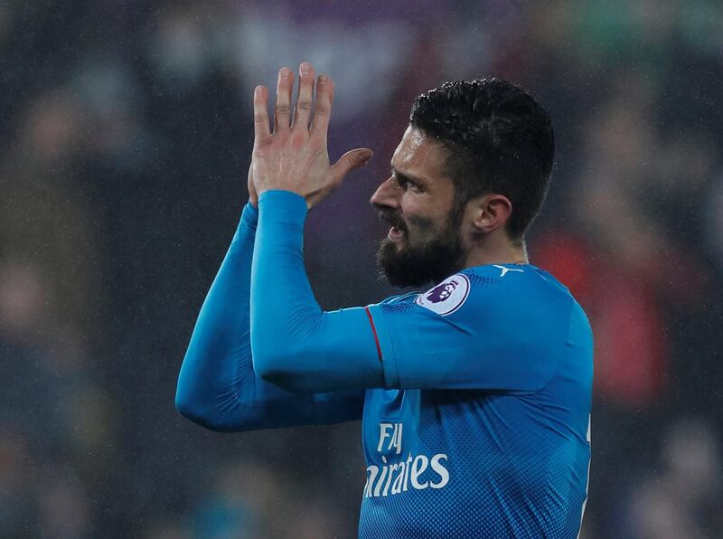 Soccer Football - Premier League - Swansea City vs Arsenal - Liberty Stadium, Swansea, Britain - January 30, 2018   Arsenal's Olivier Giroud applauds fans at the end of the match                 Action Images via Reuters/Andrew Couldridge    EDITORIAL USE ONLY. No use with unauthorized audio, video, data, fixture lists, club/league logos or "live" services. Online in-match use limited to 75 images, no video emulation. No use in betting, games or single club/league/player publications.  Please contact your account representative for further details.