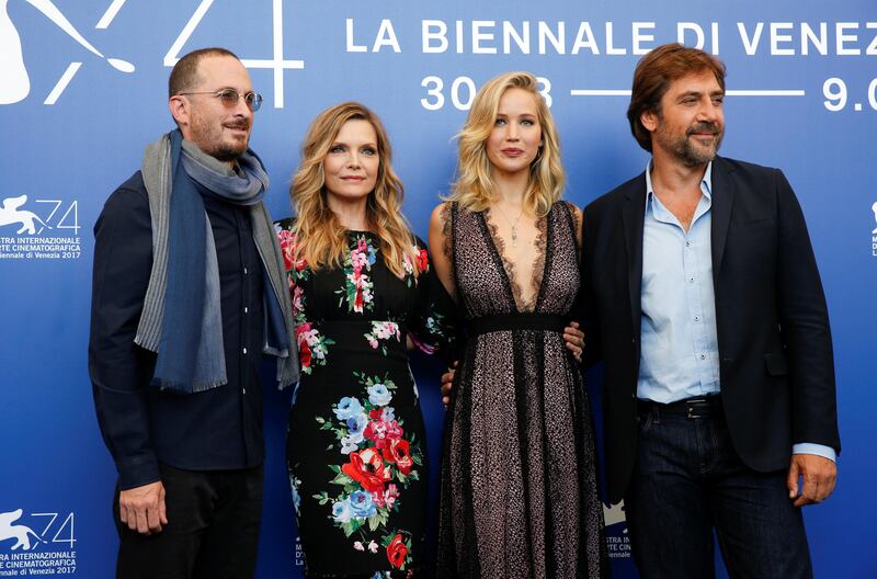 Director Darren Aronofsky (L) poses with actors Javier Bardem (R), Jennifer Lawrence (2nd R) and Michelle Pfeiffer during a photocall for the movie mother! Reuters