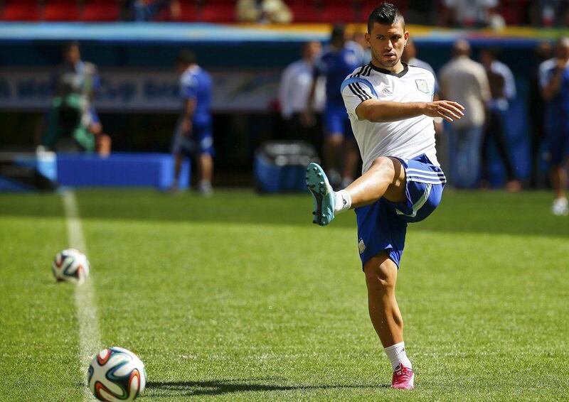 Argentina striker Sergio Aguero trains with the team on Friday ahead of their Saturday match against Belgium at the 2014 World Cup in Brazil. Damir Sagolj / Reuters / July 4, 2014