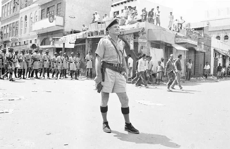 A British soldier in the Crater (or Kraytar) district of Aden, Yemen, during a period of civil conflict and rioting, 4th October 1965.  (Photo by Norman Potter/Express/Getty Images)