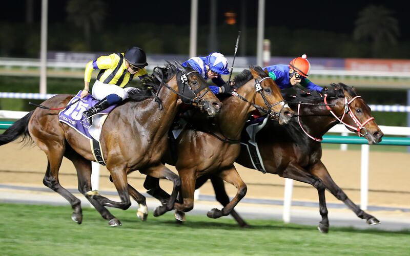 Lord North, Panthalassa and Vin De Garde going for the line in a thrilling finish to the Dubai Turf. Pawan Singh / The National