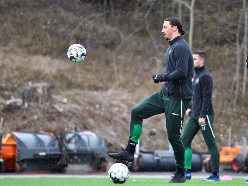 Zlatan Ibrahimovic trains with Hammarby IF, a club he co owns, in Stockholm. Reuters