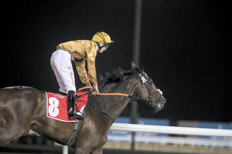 DUBAI, UNITED ARAB EMIRATES - NOVEMBER 1, 2018. 

Jockey Connor Beasley on New Trails (USA), wins the Emirates.com Handicap 2000M dirt race at Meydan Racecourse for the First Race Meeting.

(Photo by Reem Mohammed/The National)

Reporter:
Section:  SP