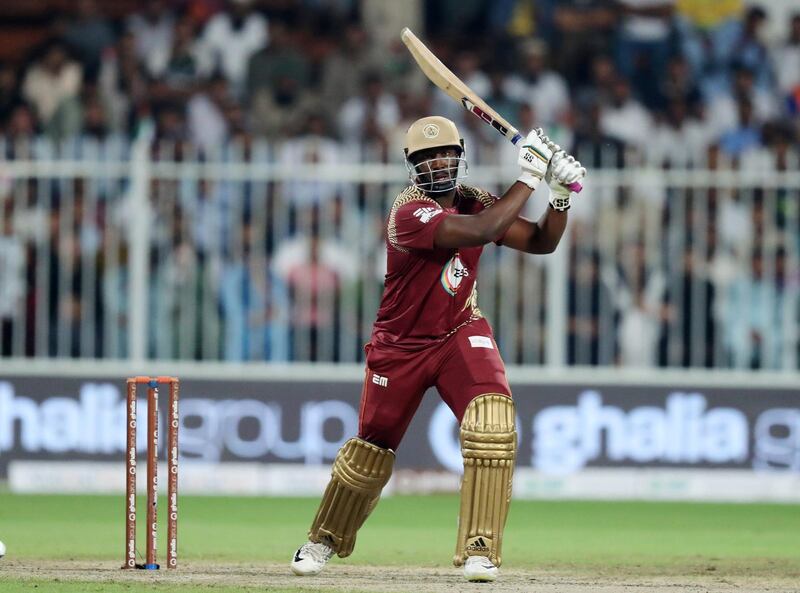 Sharjah, United Arab Emirates - December 02, 2018: Warriors' Andre Russell bats during the game between between Pakhtoons and Northern Warriors in the T10 final. Sunday the 2nd of December 2018 at Sharjah cricket stadium, Sharjah. Chris Whiteoak / The National