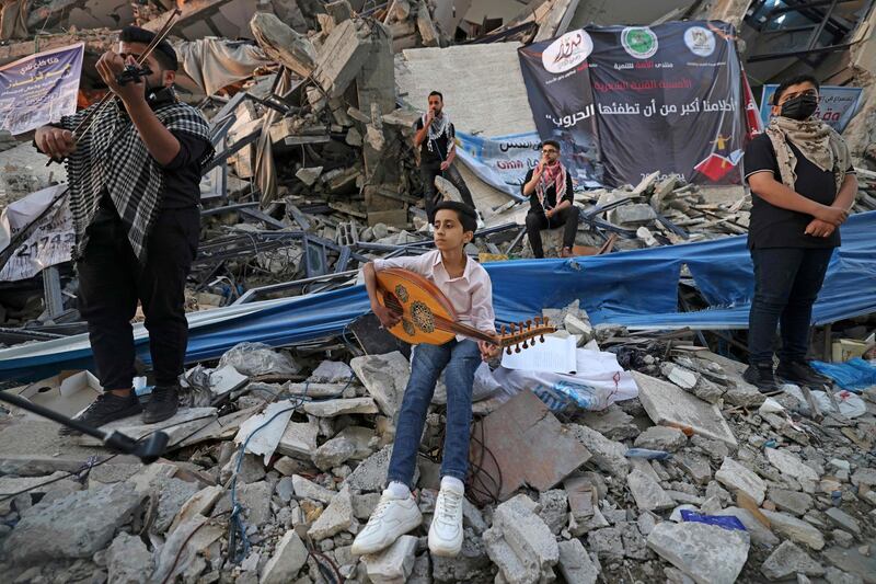 Musicians during an event organised by the Palestinian Committee on Youth and Culture in Gaza City. AFP