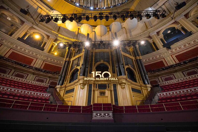 A 150 anniversary sign is seen inside the Royal Albert Hall in London on July 15, 2021
