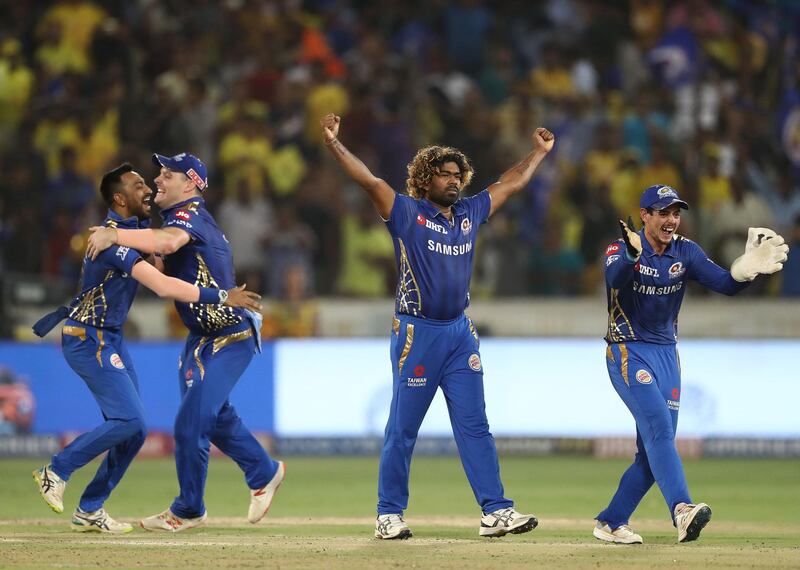 HYDERABAD, INDIA - MAY 12: Lasith Malinga of the Mumbai Indians  celebrates taking the last wicket to give the Mumbai Indians the win during the Indian Premier League Final match between the the Mumbai Indians and Chennai Super Kings at Rajiv Gandhi International Cricket Stadium on May 12, 2019 in Hyderabad, India. (Photo by Robert Cianflone/Getty Images)