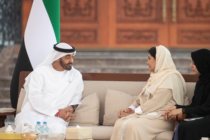 ABU DHABI, UNITED ARAB EMIRATES - December 04, 2018: HH Sheikh Mohamed bin Zayed Al Nahyan, Crown Prince of Abu Dhabi and Deputy Supreme Commander of the UAE Armed Forces (L), meets with HRH Princess Reema Bint Bandar Bin Sultan Al Saud, Undersecretary of the General Sports Authority of Saudi Arabia, President of the Saudi Federation of Community Sports? (2nd R), and HE Reem Ibrahim Al Hashimi, UAE Minister of State for International Cooperation (R), during a Sea Palace barza.
( Ryan Carter / Ministry of Presidential Affairs )
—