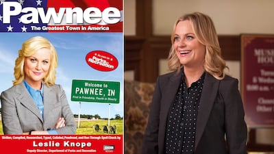 Leslie Knope, played by Amy Poehler, wrote a book about Pawnee, a fictional town where Parks and Recreation is set. Photos: BBC Books; NBC