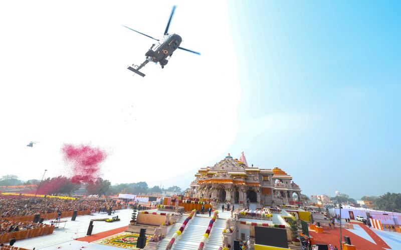 Indian Air Force helicopters showered petals over the temple.  Photo: India's Press Information Bureau