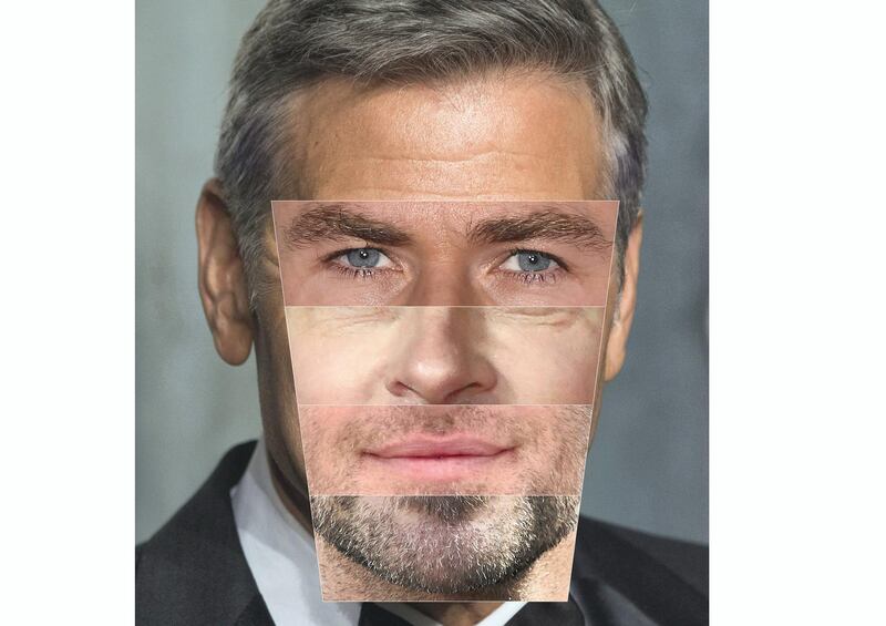 A photo illustration / composite image of George Clooney's head, Chris Hemsworth's eyes, Brad Pitt's nose, Chris Pine's lips, and Bradley Cooper's chin. Getty Images