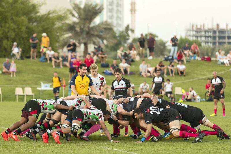 Dubai, United Arab Emirates, November 3, 2017:     Abu Dhabi Harlequins v Dubai Exiles during their West Asia Clubs Champions league regular season rugby match at Zayed Sports City in Dubai on November 3, 2017. The Harlequins went on to defeat the Exiles 29-25. Christopher Pike / The National

Reporter: Paul Radley
Section: Sport