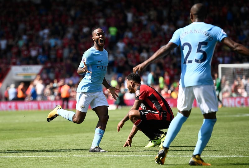 Football Soccer - Premier League - AFC Bournemouth vs Manchester City, Bournemouth, Britain – August 26, 2017. Manchester City's Raheem Sterling celebrates scoring their second goal. REUTERS/Dylan Martinez