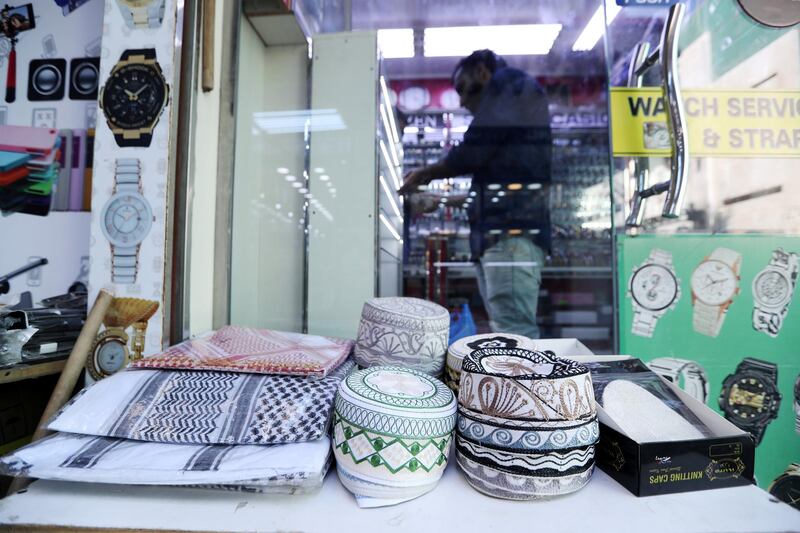 Taqiyah's, used by Muslim men while performing prayers, on sale at a shop in Manama, Bahrain. Reuters