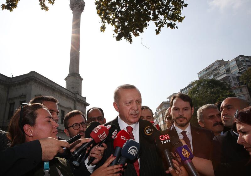 A handout photo released by the Turkish President's press office shows Turkish President Tayyip Erdogan speaking to journalists in Istanbul on October 18, 2019.  RESTRICTED TO EDITORIAL USE - MANDATORY CREDIT "AFP/TURKISH PRESIDENTIAL PRESS OFFICE " - NO MARKETING NO ADVERTISING CAMPAIGNS - DISTRIBUTED AS A SERVICE TO CLIENTS
 / AFP / TURKISH PRESIDENTIAL PRESS OFFICE  / STRINGER / RESTRICTED TO EDITORIAL USE - MANDATORY CREDIT "AFP/TURKISH PRESIDENTIAL PRESS OFFICE " - NO MARKETING NO ADVERTISING CAMPAIGNS - DISTRIBUTED AS A SERVICE TO CLIENTS
