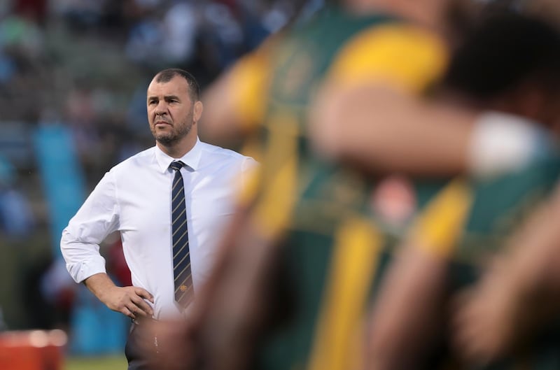 Australia's coach Michael Cheika listens to the anthems prior to a Rugby Championship rugby match against Argentina in Salta, Argentina, Saturday, Oct. 6, 2018. (AP Photo/Gonzalo Prados)
