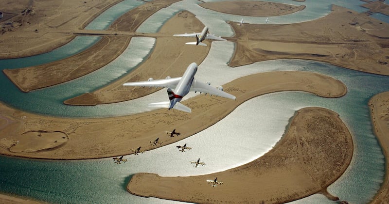 Emirates, Etihad, flydubai and Air Arabia aircraft perform a flypast over the UAE. Emirates