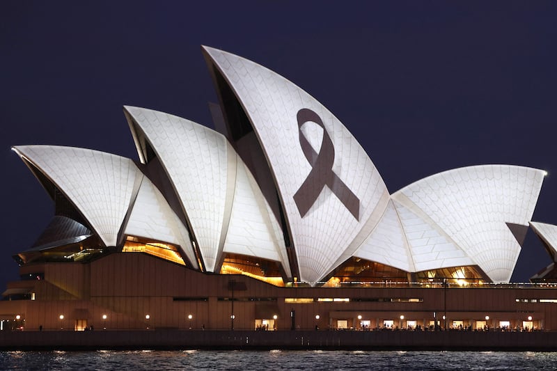 A black ribbon is projected on to the Sydney Opera House as a mark of respect for the victims of the Westfield Bondi Junction shopping mall attack. AFP