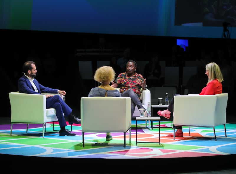 A discussion on 'Mentoring for Impact', with moderator Fiammetta Rocco, senior editor and culture editor of The Economist, and speakers Erica Love, director of Culture Central, Eric Wainaina, artist and founder of The Nairobi Musical Theatre Initiative, and Gael Hedding, director of Berklee Abu Dhabi.