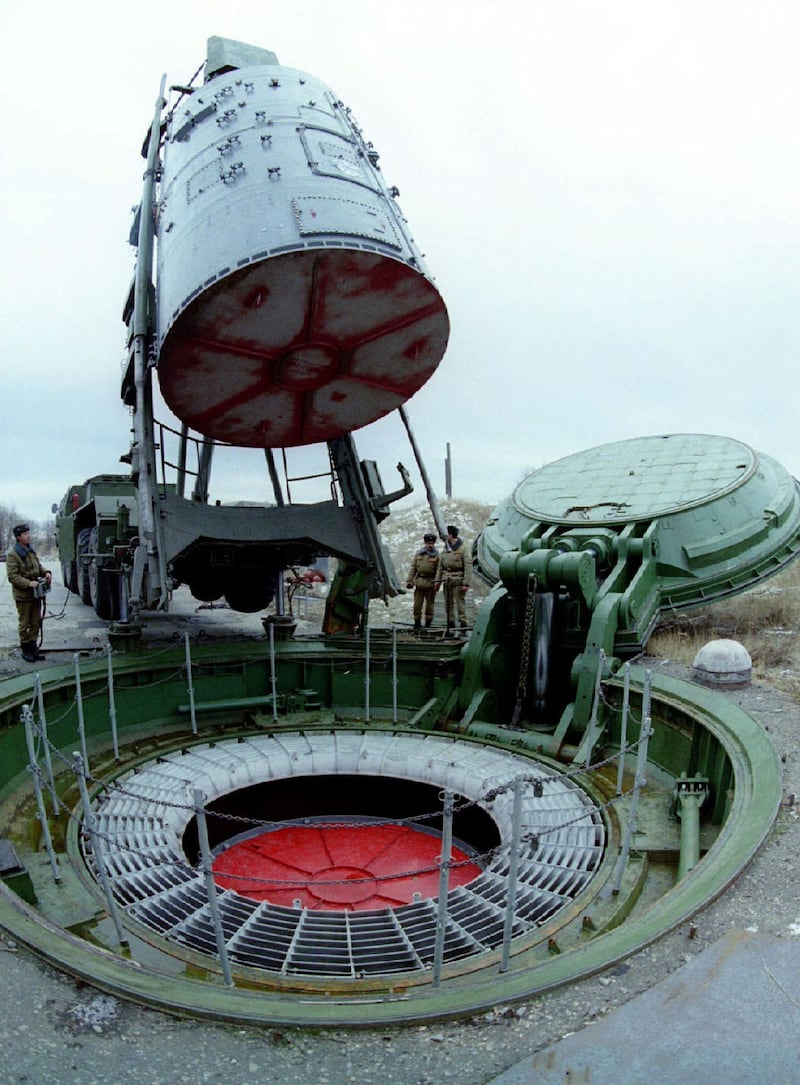 A nuclear missile silo is opened for inspection by Russian rocket forces at a site 70 kilometres from Saratov on November 12, 1994.