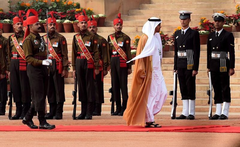 Sheikh Mohammed bin Zayed, Crown Prince of Abu Dhabi and Deputy Supreme Commander of the Armed Forces, inspects a guard of honour during a ceremonial reception at the Indian president’s house in New Delhi on Wednesday. Sheikh Mohammed will be the chief guest of honour at India’s 68th Republic Day celebrations on Thursday. Money Sharma / AFP