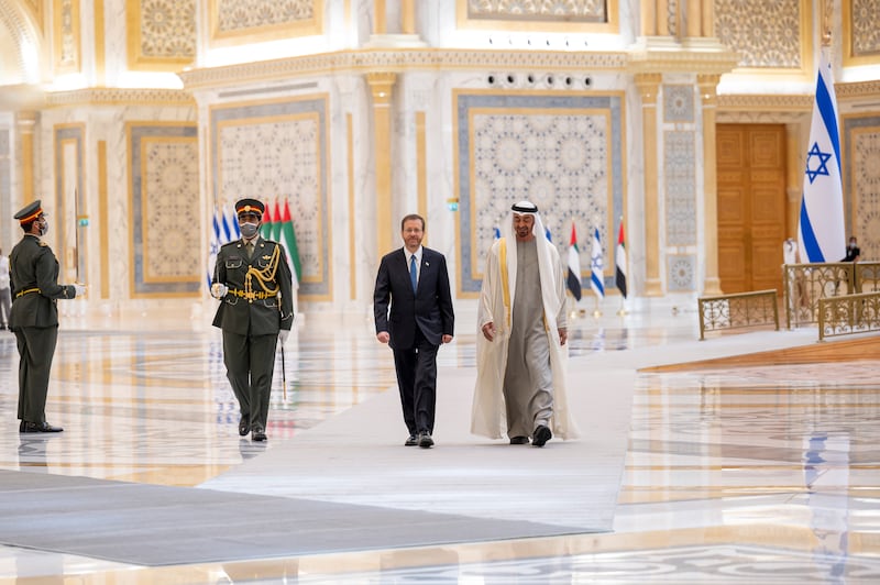 Sheikh Mohamed bin Zayed hosts a reception for Isaac Herzog, President of Israel, at Qasr Al Watan. Rashed Al Mansoori / Ministry of Presidential Affairs