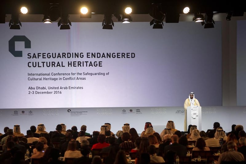 Mohammed Al Mubarak, Chairman of Abu Dhabi Tourism & Culture, speaks during the opening remarks of the international conference for the safeguarding of cultural heritage in conflict areas at Emirates Palace in Abu Dhabi on Friday. Christopher Pike / The National