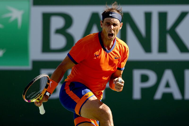 Rafael Nadal celebrates a point during his Indian Wells last 16 match against Reilly Opelka. Getty Images