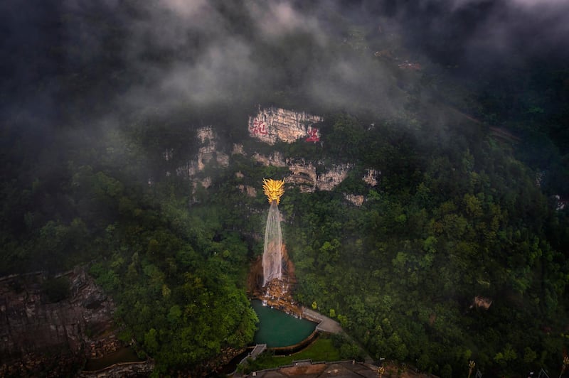 A photo taken with a drone shows an aerial view of the Yuncong waterfall in Longli County near Guiyang, Guizhou province, China. EPA