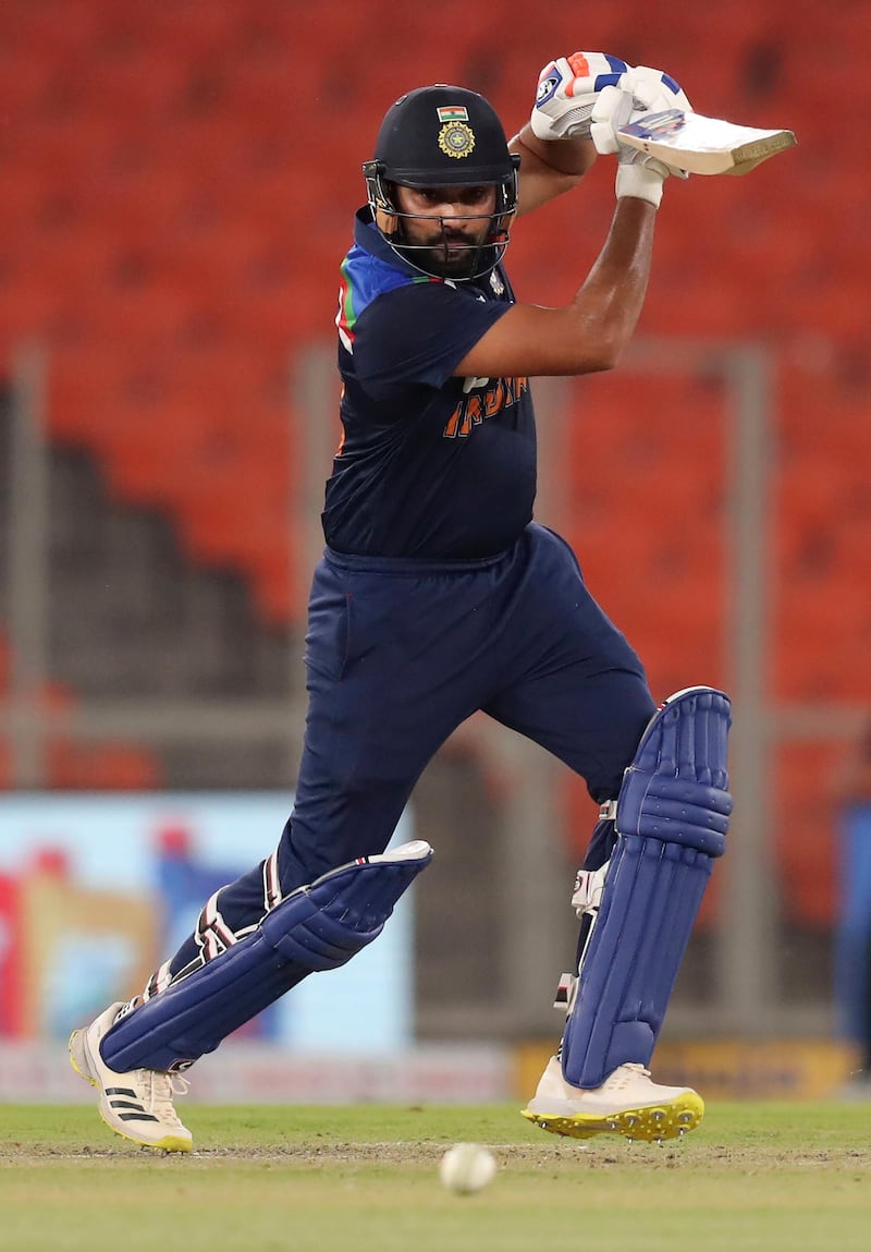 India's Rohit Sharma on his way to 64 off 34 balls. PA