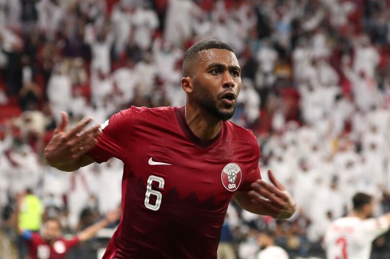 Abdulaziz Hatem celebrates scoring Qatar's winning goal against Bahrain on the opening day of the Fifa Arab Cup on Tuesday, November 30. Reuters
