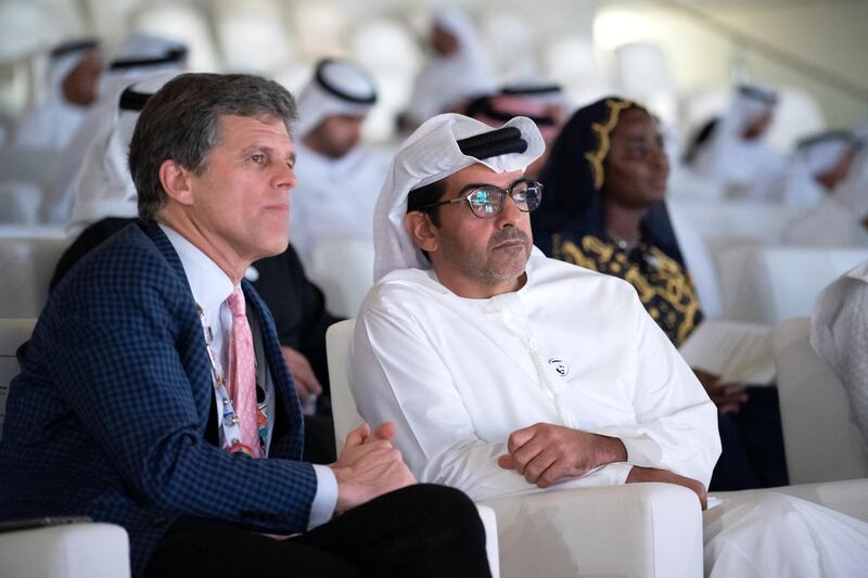 ABU DHABI, UNITED ARAB EMIRATES - March 21, 2019: Timothy Shriver, Chairman of the Special Olympics (L) and HH Sheikh Hamed bin Zayed Al Nahyan, Chairman of the Crown Prince Court of Abu Dhabi and Abu Dhabi Executive Council Member (R), attend the closing ceremony of the Special Olympics World Games Abu Dhabi 2019, at Zayed Sports City. 
( Ryan Carter for the Ministry of Presidential Affairs )
---