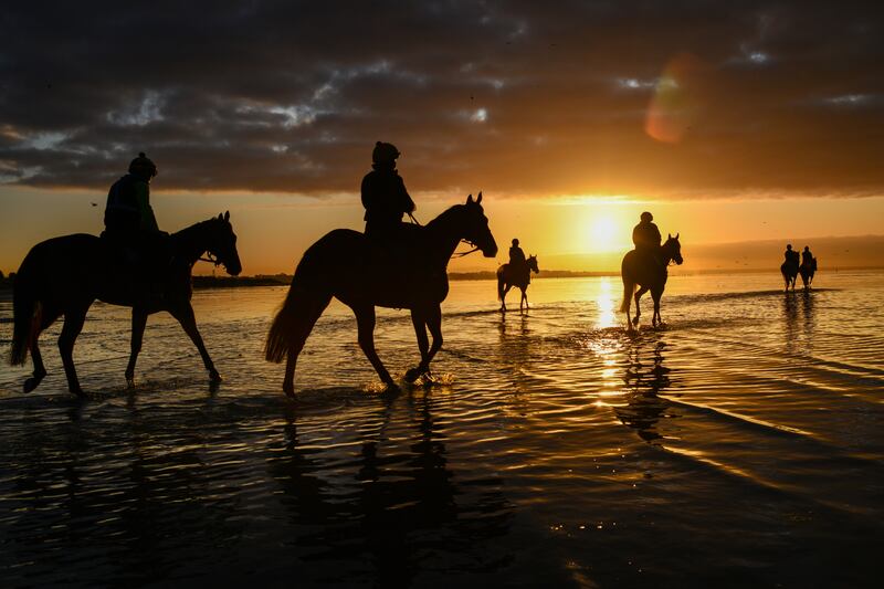 Bec Shanks riding Alligator Blood, second left, with the Waterhouse and Bott racing team during a training session on Altona beach in Melbourne, Australia. Getty Images