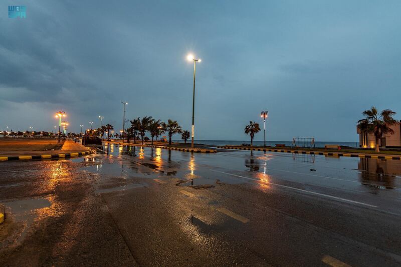 Rain on a street in Al Wajh. SPA