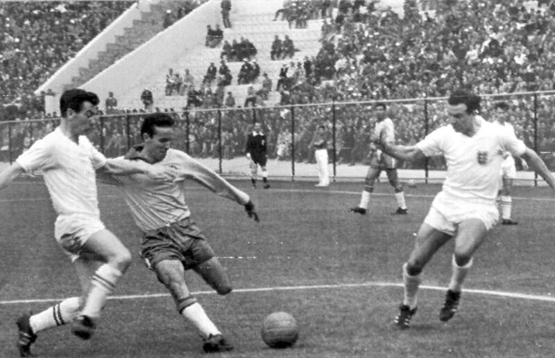 Mario Zagallo of Brazil, second left, shoots at England's goal during a World Cup quarter-final match in Vina Del Mar, Chile, June 10, 1962. AP
