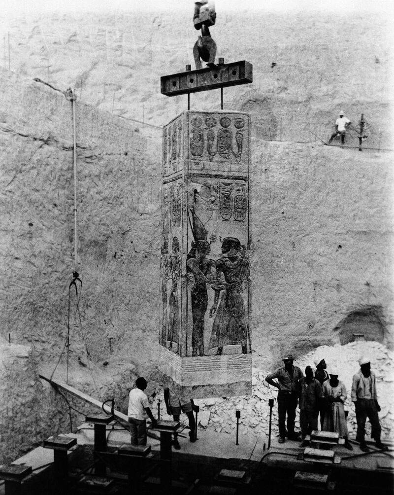 A large interior pillar is lifted by crane after it had been cut free during the massive international operation to save the ancient Abu Simbel temples from the waters of the man-made lake forming behind the Aswan high dam in Egypt. AP Photo