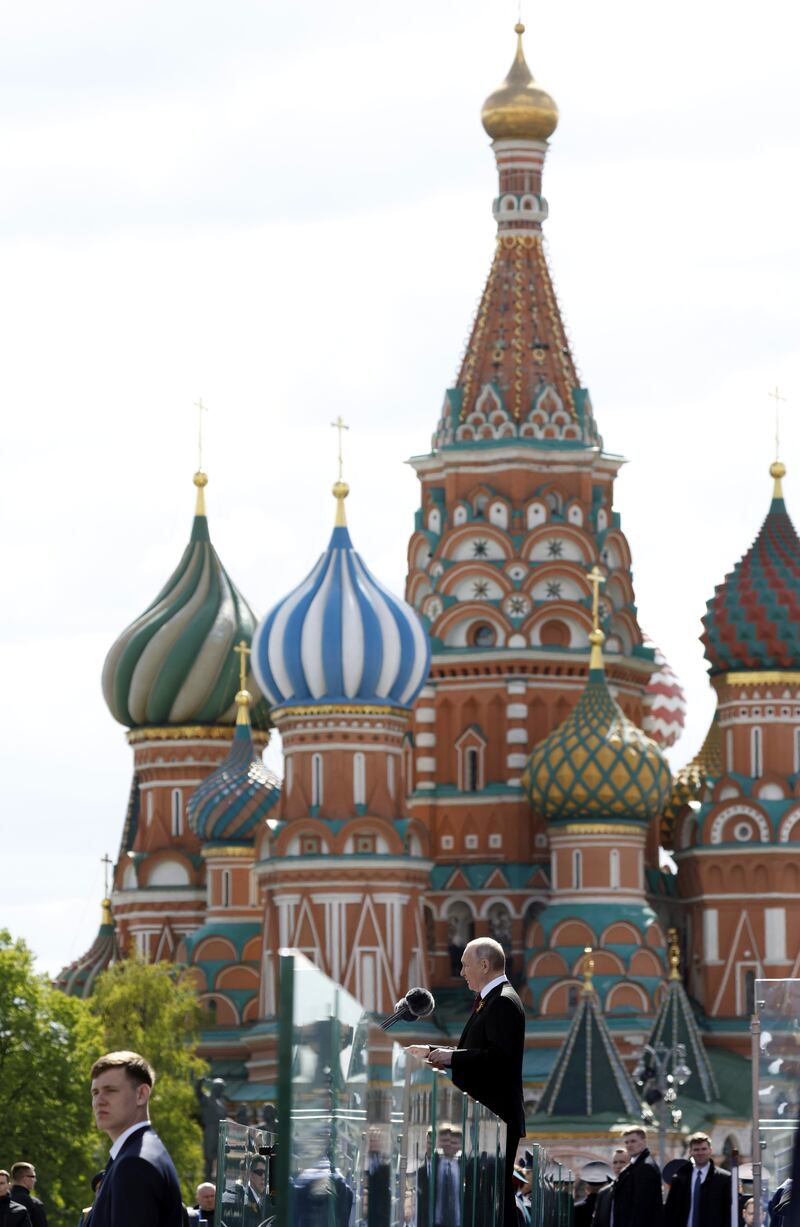 Mr Putin delivers his speech in Red Square. AP