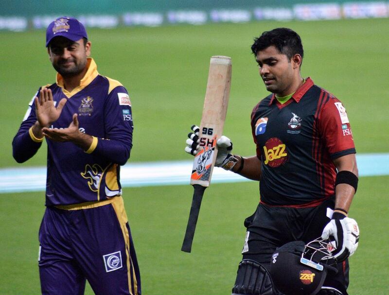 Umar Akmal, right, produced a match-winning performance with the bat to lead Lahore Qalandars to victory against Quetta Gladiators. Courtesy PCB

