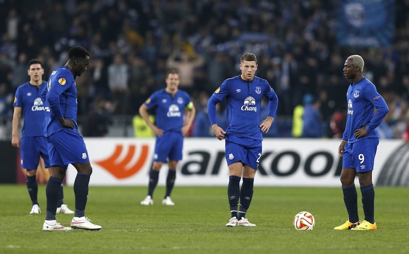 Everton players shown after Dynamo Kiev scored their fifth goal on Thursday night to defeat the Premier League club in the Europa League. Peter Cziborra / Reuters / March 19, 2015 