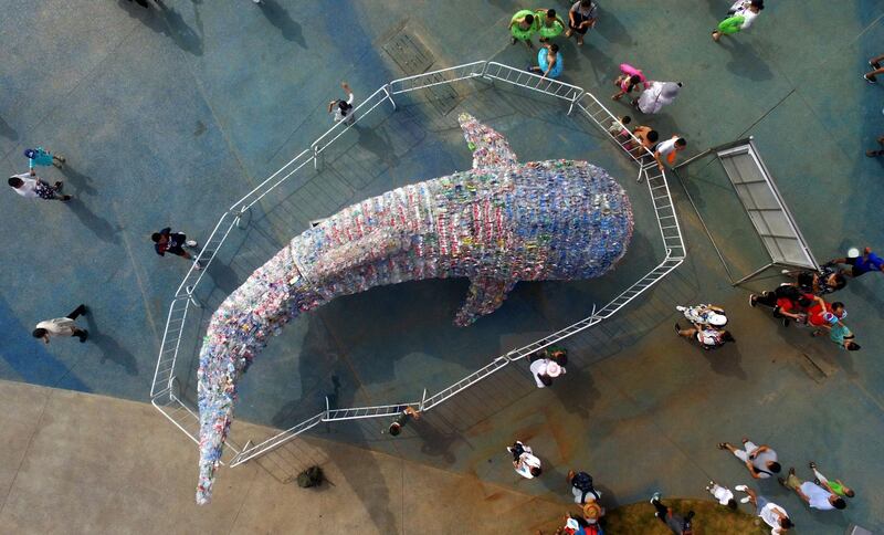 An installation depicting a whale shark made of plastic bottles in Rizhao Ocean Park in China's eastern Shandong province. AFP