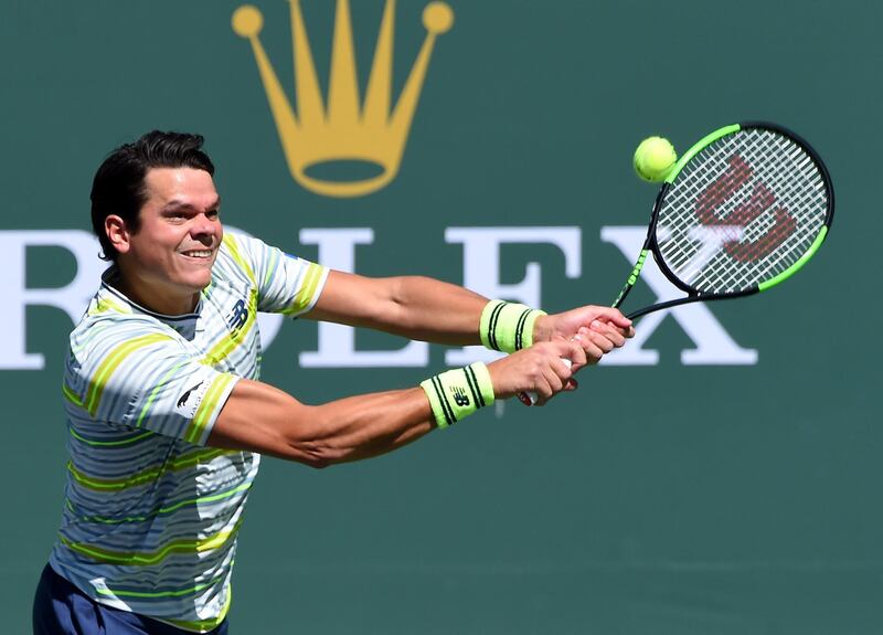 Mar 16, 2018; Indian Wells, CA, USA; Milos Raonic (CAN) during his quarterfinal match against Sam Querrey (not pictured) in the BNP Paribas Open at the Indian Wells Tennis Garden. Mandatory Credit: Jayne Kamin-Oncea-USA TODAY Sports